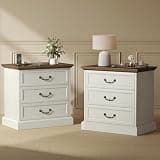 Huuger Nightstand with Charging Station, 3 Drawer Night Stand Set of 2, 22 Inch Wider Side Table with Storage, Farmhouse Nightstand with Vintage Handles, Thicken Base, for Bedroom, Distressed White