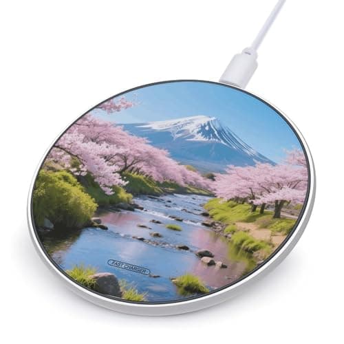 Creek & Cherry Blossoms Wireless Charger with Aluminum Alloy Frame Qi Certified Fast Wireless Charging Pad 10W Charging Station Portable Phone Charger for All Wireless Charging Phone
