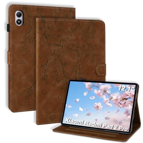 LSPCASA Case for Xiaomi Redmi Pad 2 Pro 12.1 2025 Folio Flip PU Leather Protective Case with Stand Function Pen Holder Card Slots Wallet Tablet Cover for Xiaomi Redmi Pad 2 Plum Blossom Brown