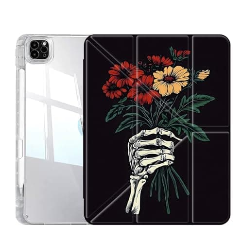 Case for iPad Pro 13 Inch (M5/M4) 2025/2024, Slim Clear Case with Pencil Holder, Multi-Angles Folding Y-Shaped Stand Cover, Hand Bones Holding Flowers