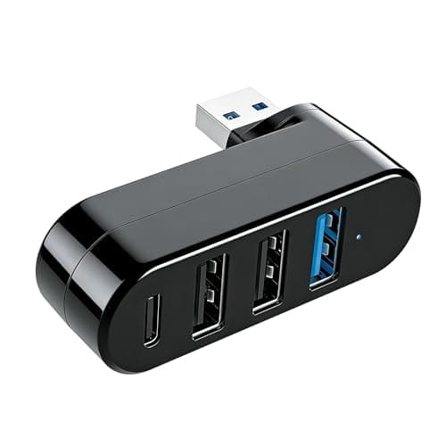 GIASYIEH 4-Port USB 3.0 Hub [90°/180° Rotatable], USB Splitter with 1 USB 3.0 & 2 USB 2.0 Ports Plus PD-in 5W USB-C Data Port, USB Extender Hub for Laptop, Car & More USB Multiport Adapter Devices