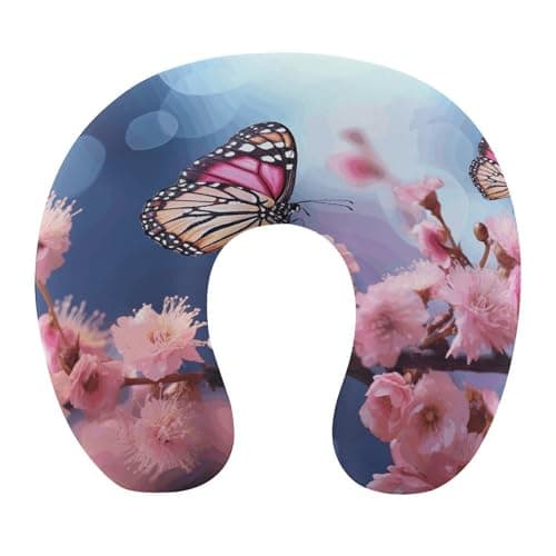 NHSGDUA Pink Flowers Butterflies U-Shaped Neck Pillow, Memory Foam Travel Neck Pillows Compact and Ergonomic Design,Airplane Pillow for Traveling Car Home Office