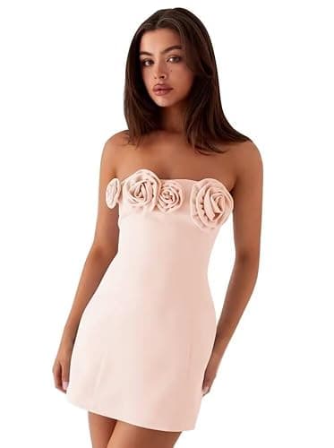 Midiluy Midluy Square Neck Satin Rose Gold Homecoming Dresses for Teens 2025 Tight Sparkly Short Prom Evening Dress Strapless Cocktail Dress 4