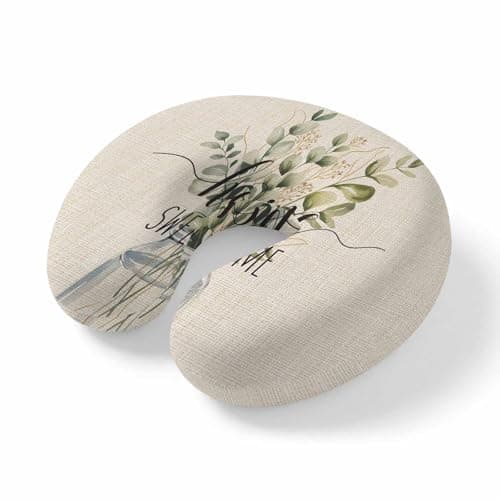 Eucalyptus Leaves and Home Quote Travel Pillow,U Shaped Ergonomic Neck Pillows Plant Branch on Burlap Cotton Memory Foam Portable Neck and Head Support Cushion for Airplane Car Home Office Sleeping