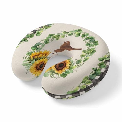 ZFUNCING Travel Pillows U-Shaped Neck Pillow Spring Sunflowers Yugal Leaves Ergonomic Memory Foam Pillow Head Cushion,Country Plants on Linen Soft Portable Neck Pillows for Office Airplane Car Train