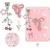 Cute Charms Accessories Set for Kindle, E-Readers, Phones & Tablets - Type-C Dust Plug Charm, Vintage Grip Holder, Keychain & Stickers - Compatible with Kindle Paperwhite 11th/12th (Rhinestone Bow)