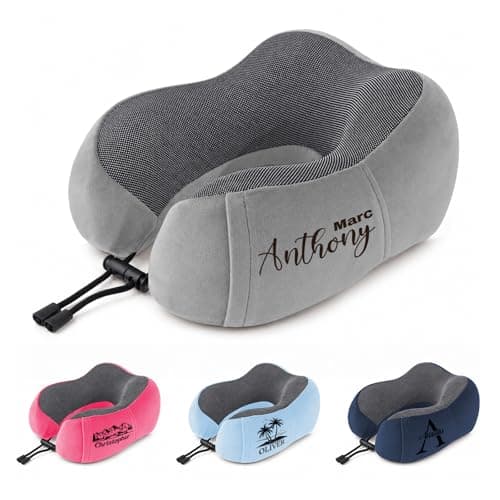 Personalized Neck Pillow for Traveling with Name, Custom Upgraded Travel Pillow 100% Pure Memory Foam Travel Neck Pillow for Airplane Flight Sleep, Car, Office, Breathable & Machine Washable Cover