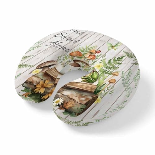 ZRNLTDGHK Neck Pillow Sweet Home Words Frog Travel Pillow Memory Foam U Shaped Pillows, Coffee Mushroom on Wood Board Travel Neck Pillows for Airplane Car Office Home Sleeping Rest