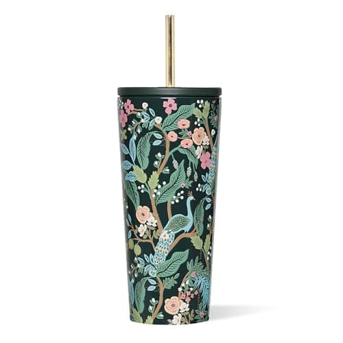 Corkcicle x Rifle Paper Co. Cold Cup Insulated Tumbler with Lid & Straw - Keeps Drinks Cold 12 Hours - Gift for Mom - Great for Mother's Day or Christmas - 24 oz - Peacock Blue