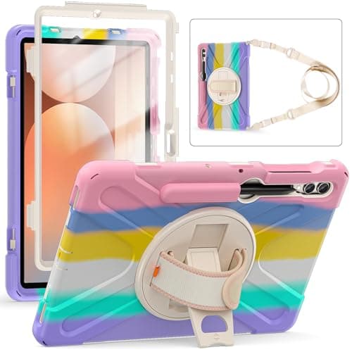 Rugged Case for Galaxy Tab S10 Plus/ S9 FE+/ S9+/ S8+/ S7 FE/ S7+ 12.4 inch, Heavy Duty Shockproof Military Cover with Rotating Stand Hand Strap+Shoulder Strap+S Pen Holder,Colorful Pink