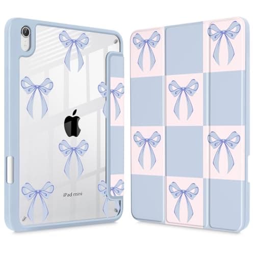 ICEKEE Case for iPad mini (A17 Pro,7th Generation) 2024/iPad Mini (6th Gen) 8.3 Inch, [Built-in Pencil Holder] Shockproof Cover with Clear Transparent Back Shell & Auto Wake/Sleep - Blue Square Bow