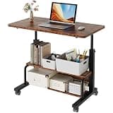 DUMOS 31.5" Mobile Rolling Desk with 2-Tier Storage Shelves, Height Adjustable Computer Desks on Wheels, Portable Rolling Laptop Table for Small Spaces & Home Office Rustic Brown