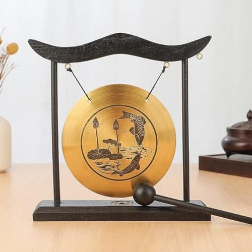 Hosrivae Brass Table Gong with Wooden and Mallet, 8.5 Inch Chinese Desktop Percussion Instrument Meditation, Feng Shui, Home Decor, Sound Gong Ornament, Gold Finish(C)