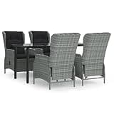 mtlskopl 5-Piece Garden Dining Set, Light Grey Poly Rattan Patio Table and Chairs with Cushions, Rectangular Tempered Glass Tabletop Outdoor Furniture for Balcony, Terrace and Backyard