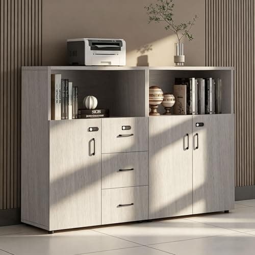 HSHBDDM File Cabinet with Password Lock, Wood Lateral Filing Cabinet for Letter/A4 Files, 3 Drawer with Door, Printer Stand with Open Shelves for Home Office