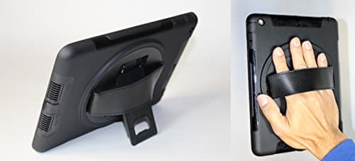 [eSalesGoods] Handheld 360 Degree Swivel Rotating Hand-Strap + Kickstand Case For Apple iPad Air Cushioning Silicone Outer Layer Surrounds a Polycarbonate Hard Shell Full Body Protection (2 Layer) Hybrid Defense Shockproof Drop Resistance Heavy-Duty Armor Dual Layer Case With BUILT-IN CLEAR FRONT SCREEN PROTECTOR for Apple iPad Air (For 5th Generation iPad Air Only) (BLACK)