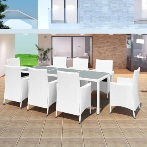Umbrale Outdoor Furniture Set Cream White 9-Piece Patio Table and Chairs Set with Cushions, Durable Poly Rattan and Powder-Coated Steel Frame, Rectangular Dining Table