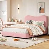 Queen Size Boucle Upholstered Platform Bed Frame,Wave Padded Headboard Pink
