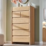 ALLTUFO Modern 7 Drawers Dresser for Bedroom, 54.7" Tall Large Dresser & Chests of Drawers w/Rounded Corner, Wood Handleless Organizer Dresser w/Natural Texture for Bedroom, Living Room-Natural