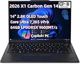 2026 NewLenovo ThinkPad X1 Carbon Gen 14 Aura Edition Laptop, 14" 2.8K OLED Touch (2880x1800) Copilot+ PC, Core Ultra 7 365 vPro, 64GB LPDDR5X 1TB SSD, Wi-Fi 7 Win11 Pro FP Reader Haptic Touchpad