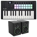 Novation Launchkey Mini 25 MK4 Mini MIDI Keyboard Controller Bundle with Mackie CR4.5BT 4.5-Inch Bluetooth Powered Monitors — 16 RGB Pads, OLED, 50W for Music Production, Beat Making, Home Studio