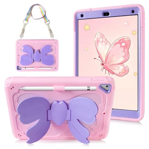 SAMONPOW for iPad 6th 5th Generation Case (2018/2017) iPad Air 2 Case 9.7 Inch for Kids Girls with Bow Stand Shoulder Strap Pencil Holder Rugged Full Body Protective Cover for iPad Pro 9.7 inch Case