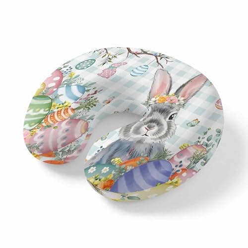 Yaiikkvbaa Easter Neck Pillow Memory Foam U Shaped Travel Pillow, Spring Rabbit Colorful Eggs Tree Blue White Plaid Neck Support Pillows Decorative Headrest Cushion for Airplane Sleeping Car Office