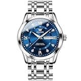 OLEVS Mens Diamond Watch Luxury Business Dress Wrist Watches Blue Silver Stainless Steel Waterproof Luminous Day Date