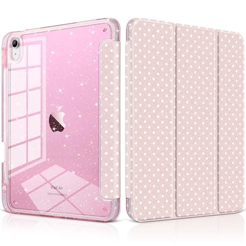 MEEgoodo for iPad Air 11 inch Case M4 2026/M3 2025/M2 2024, Case for iPad Air 5th/4th Gen 2022/2020, Glitter Tablet Cover with Clear Acrylic Back+Pencil Holder+Auto Wake/Sleep,Blush Pink & Polka Dots