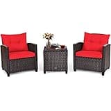 Tangkula 3 Pieces Patio Furniture Set, PE Rattan Wicker 3 Pcs Outdoor Sofa Set w/Washable Cushion and Tempered Glass Tabletop, Conversation Furniture for Garden Poolside Balcony (Red)