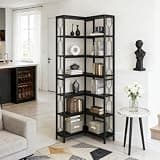 LOVEZOE 7 Tier Corner Shelf, Black Hexagonal Bookshelf for Home Office Living Room, Particle Board and Metal Frame with Side Railings