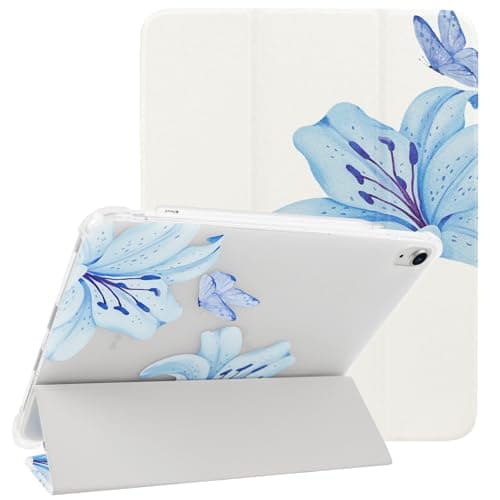 Lovmooful Compatible for iPad Air 6th 11-Inch M2(2024),iPad Air 5/4(2022/2020 5th/4th Generation 10.9-Inch) Case with Pencil Holder Cute Lily Flower Butterfly Soft TPU Trifold Stand Protective-Blue