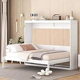 SOFTSEA Full Horizontal Murphy Bed for Living Room, Wood Folding Hideaway Murphy Wall Bed, White