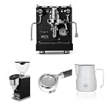 Diletta Bello+ Espresso Machine (Black) Bundle with Rocket Faustino Grinder (Black), 58mm Bottomless Portafilter & 12oz Frothing Pitcher (Matte White)