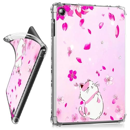 RWUTYTIUL for Amazon Kindle Fire HD 8 & 8 Plus (12th/10th Generation, 2024/2022/2020) Clear Tablet Case, Transparent Shockproof Protective Shell Lightweight TPU Accessories Cover, Pink Flower Cat