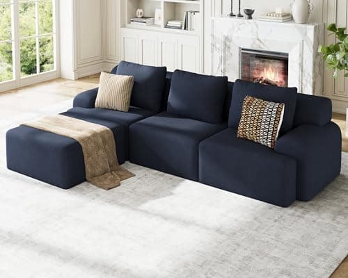 Kalafini 113" Boneless Couches for Living Room, L-Shaped Deep Seat Cloud Couch, 4 Seater Modular Sectional Sofa, Plush Corduroy Convertible Oversized Couches, No Assembly Required, Blue-Grey