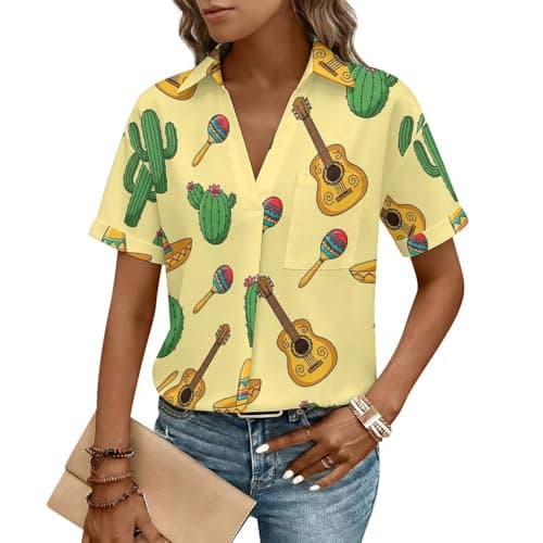 MEIKKO Womens Summer Tops Short Sleeve V Neck Collared Mexican Guitar Cactus Maracas Blouses Business Casual Shirts