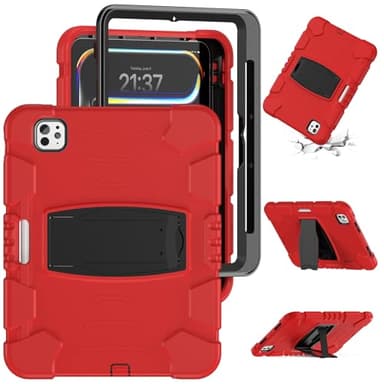 FONREST for iPad Pro 11-inch M4 5th Gen 2024 A2836/A2837 Rugged Case with Foldable [Kickstand] [Pencil Holder], Portable PC+Silicone Heavy Duty Shock-Dust-Proof Armor Cover (Red)