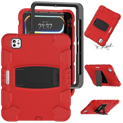 FONREST for iPad Pro 11-inch M4 5th Gen 2024 A2836/A2837 Rugged Case with Foldable [Kickstand] [Pencil Holder], Portable PC+Silicone Heavy Duty Shock-Dust-Proof Armor Cover (Red)