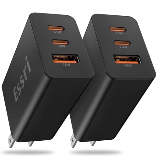 Essri 2-Pack 65W USB C Charger Block, 3-Port PD 3.0 Fast Charging Wall Plug Power Adapter with 65W Type C Ports for iPhone 17/16/15/14/13 Pro Max,for iPad Pro/Air/Mini,Galaxy S26 / S25 and More-Black