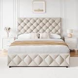 IDEALHOUSE Queen Size Bed Frame with 4 Drawers, Upholstered Platform Bed Frame with Headboard, Wooden Slat, No Box Spring Need, Beige