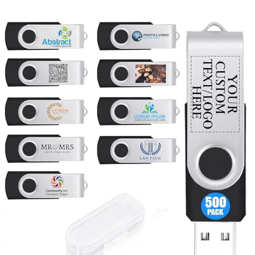 500 Pack 512MB Custom USB Flash Drives USB 2.0 with Case, Personalized Thumb Drives with Logo/Text/Image, Black Bulk Customized Memory Sticks for Wedding, Business, Corporate Gifts