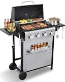 IdeaMaxx 4 Burner Gas Grill with Foldable Shelves, 40,000 BTU Stainless Steel Propane BBQ Grill, 387 Sq. In. Cooking Space, Portable Outdoor Grill for Patio, Backyard, Camping & Tailgating