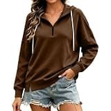 Women Quarter Zip Hooded Top Long Sleeve Soft Comfy Drawstring Hoodies Fall Winter Fashion Casual Pullover Tops Brown