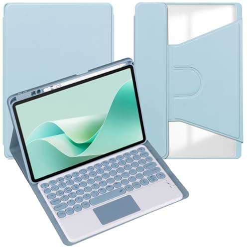 Case for Samsung Galaxy Tab S7/S8/S9 11inch Tablet,Detachable Wireless Bluetooth Round Keycap Keyboard 360Degree Rotating Acrylic Transparent Back Cover with Pen Holder (Blue,Touchpad)