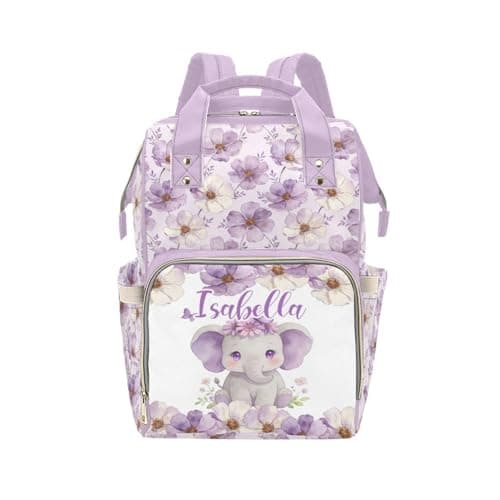 COWSROCK Personalized Diaper Backpack for Mom, Custom Name Baby Bag Backpack, Waterproof Diaper Bag with Multi Compartments, Purple Floral and Elephant Design, Gift for Baby Shower