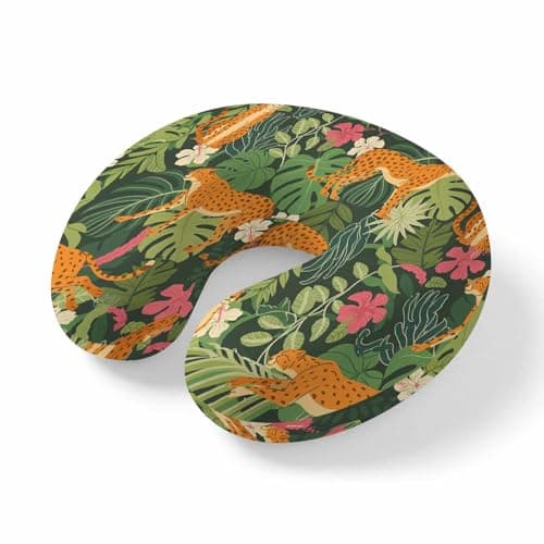 ZFUNCING Travel Pillows U-Shaped Neck Pillow Tropical Leopard Green Leaf Ergonomic Memory Foam Pillow Head Cushion,Animal Plant Flower Theme Soft Portable Neck Pillows for Office Airplane Car Train
