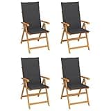 KHNLGFR 4 Pcs Folding Teak Patio Chairs with Anthracite Cushions, Adjustable 7 Position Reclining Backrest, Solid Teak Wood Outdoor Seating for Garden