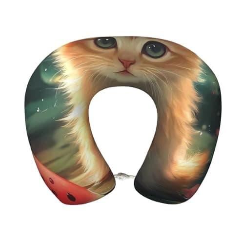 Guxkoqu Cute Kitten Water Lilies Print Neck Pillow for Traveling,Travel Neck Pillow for Airplane Pure Memory Foam Travel Pillow for Flight Headrest Sleep