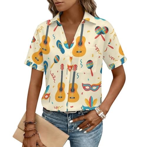MEIKKO Womens Summer Tops Short Sleeve V Neck Collared Guitars Masks Maracas Blouses Business Casual Shirts
